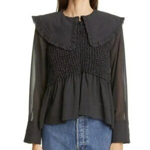 GANNI Ruffle Collar Smocked Chiffon Blouse.  SZ M/38